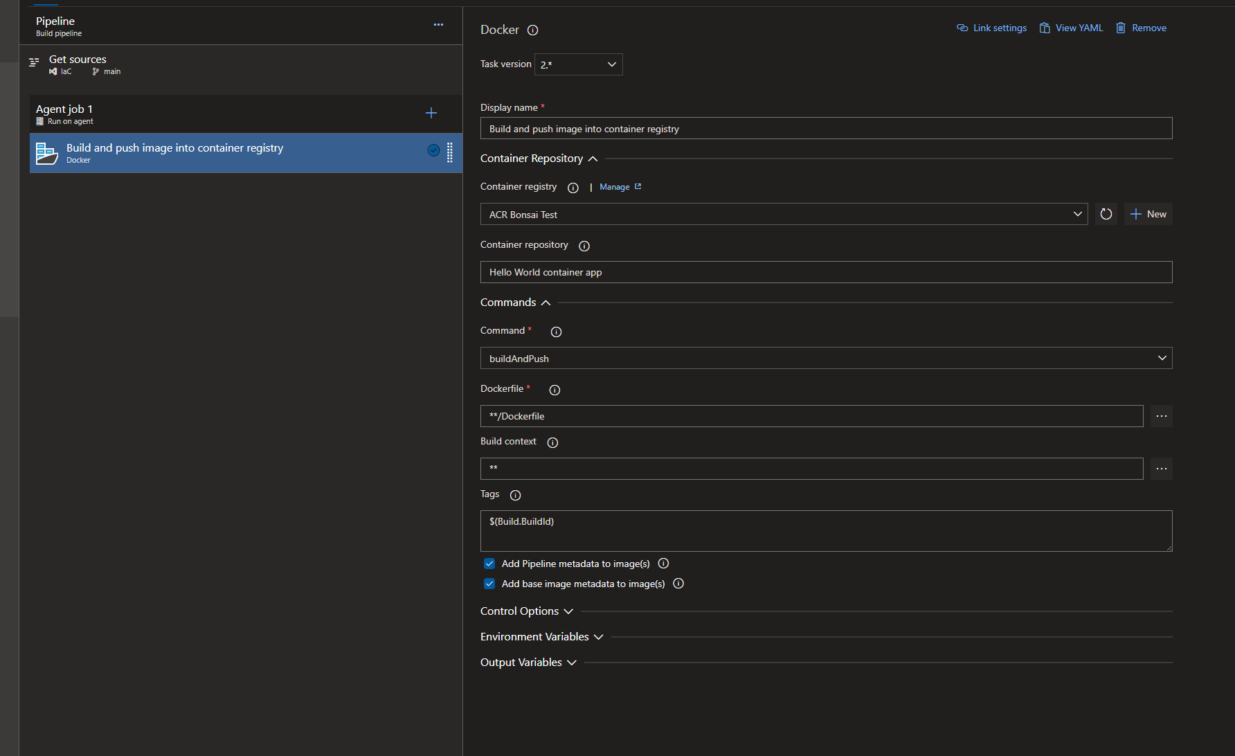 Set build pipeline to build and push Docker image into container registry