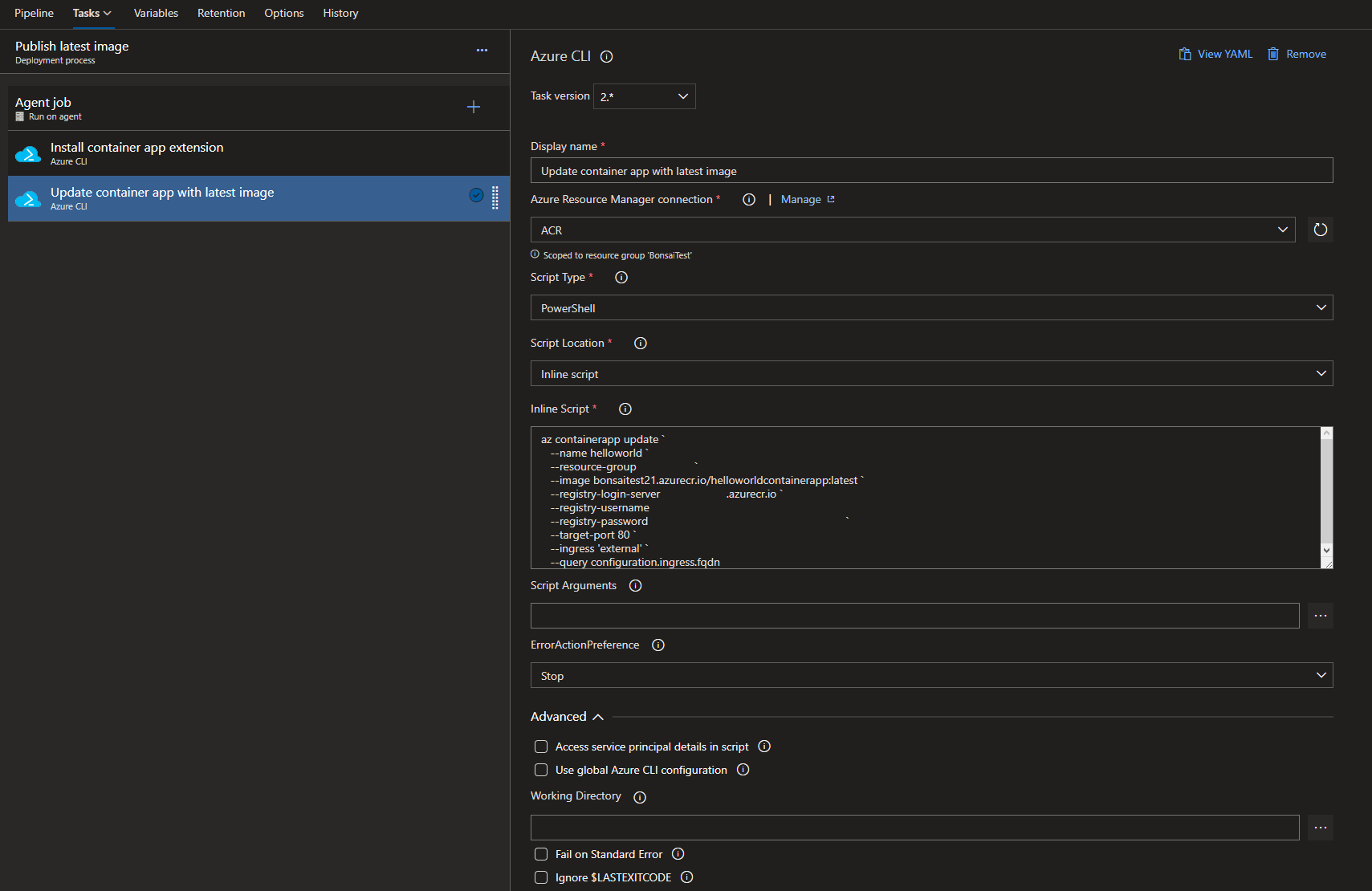 Call az containerapp update to update the Container Apps