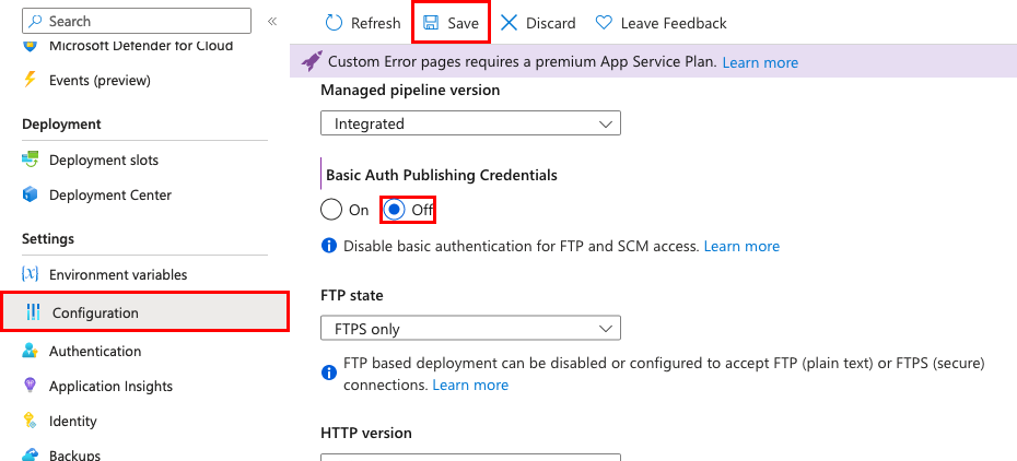 App Service configuration page can be used to disable the basic auth credentials