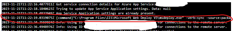 Deployment log shows basic auth in msdeploy.exe line