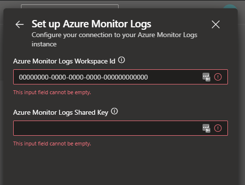 Set up Azure Monitor Logs pop-up window with default values.