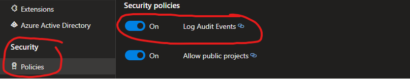 Policies tab has enable Log Audit Events option.
