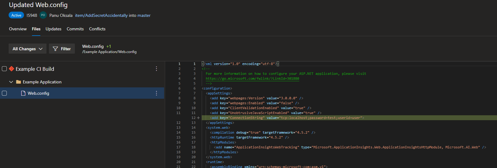 Pull request with fake connection string
