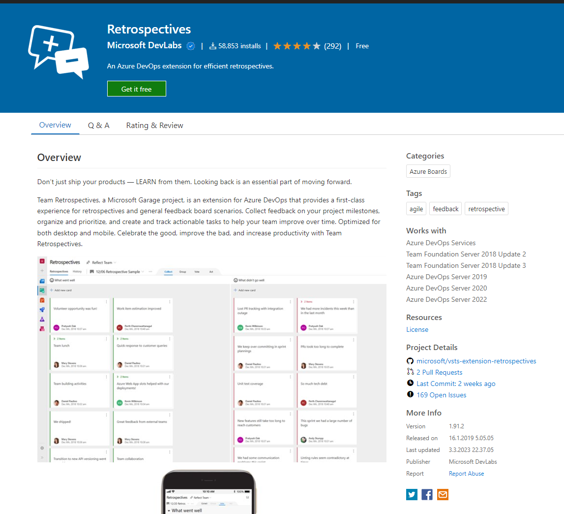 Retrospectives can be downloaded from Azure DevOps marketplace