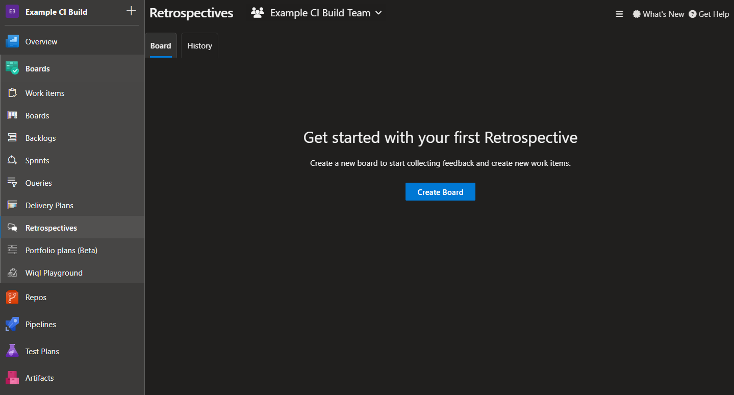 Retrospectives is started from left menu selection under the Boards