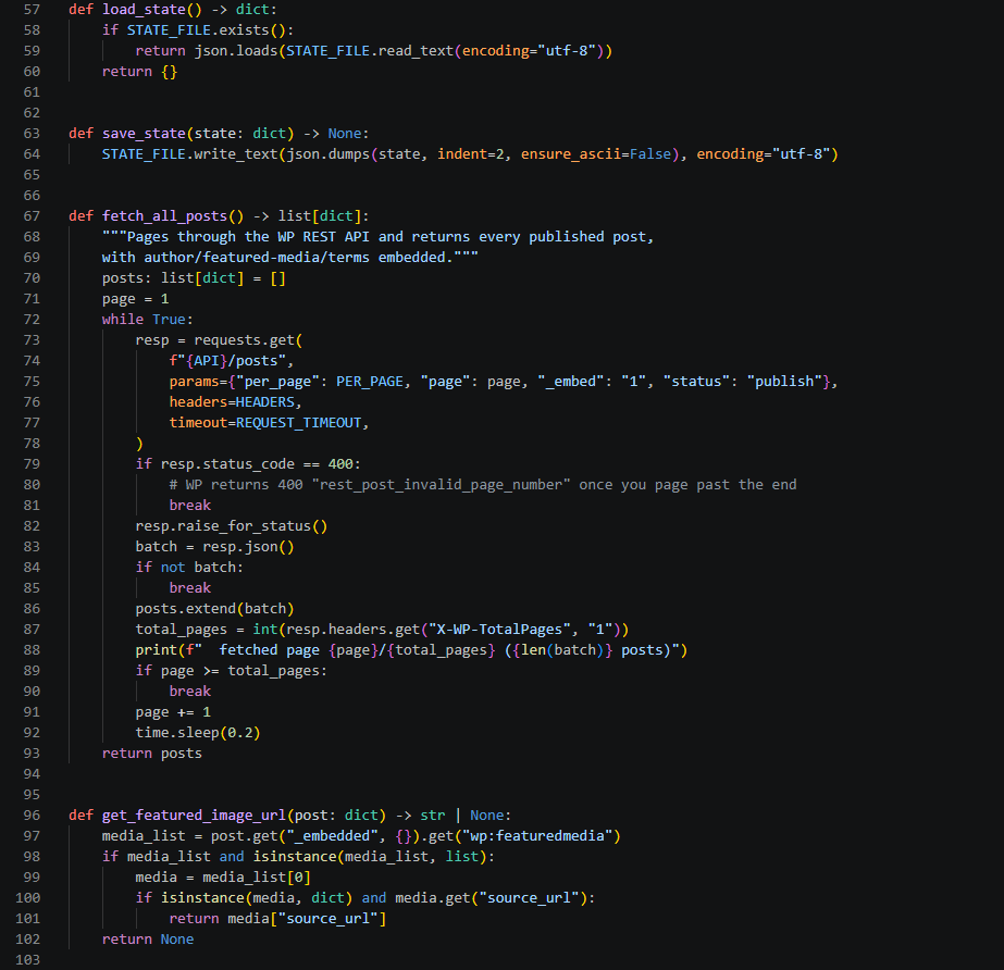 Screen capture from the migration script