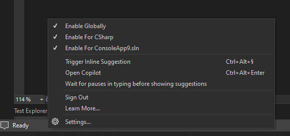 Copilot settings can be accessed by clicking the icon at bottom. 