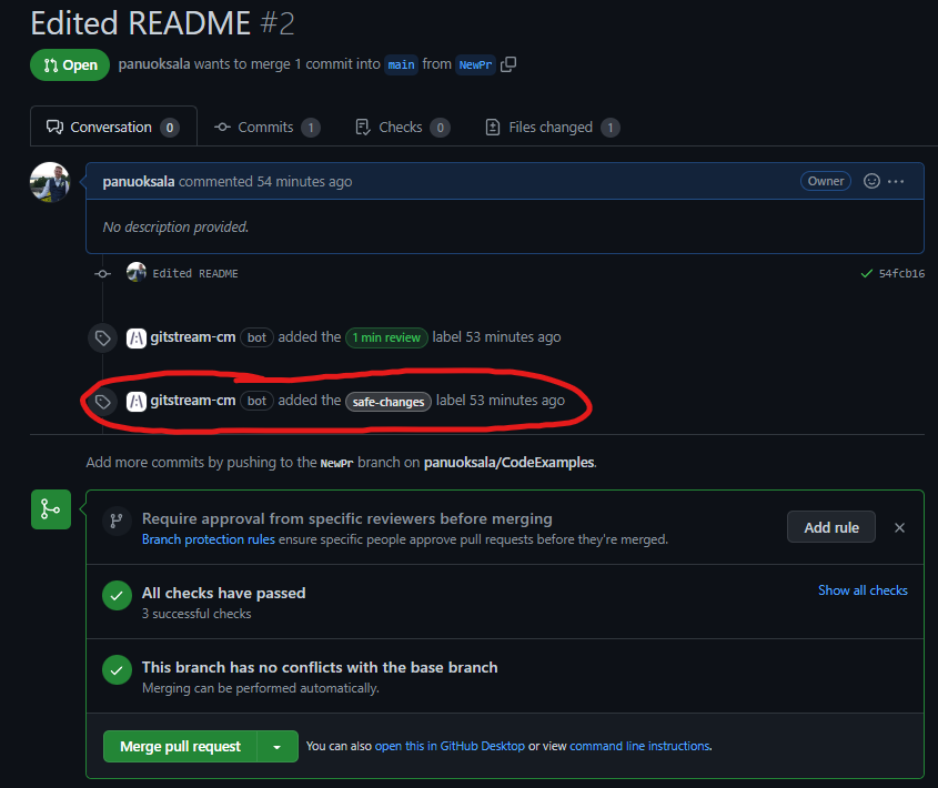 gitStream added safe-changes label into my pull request with default settings