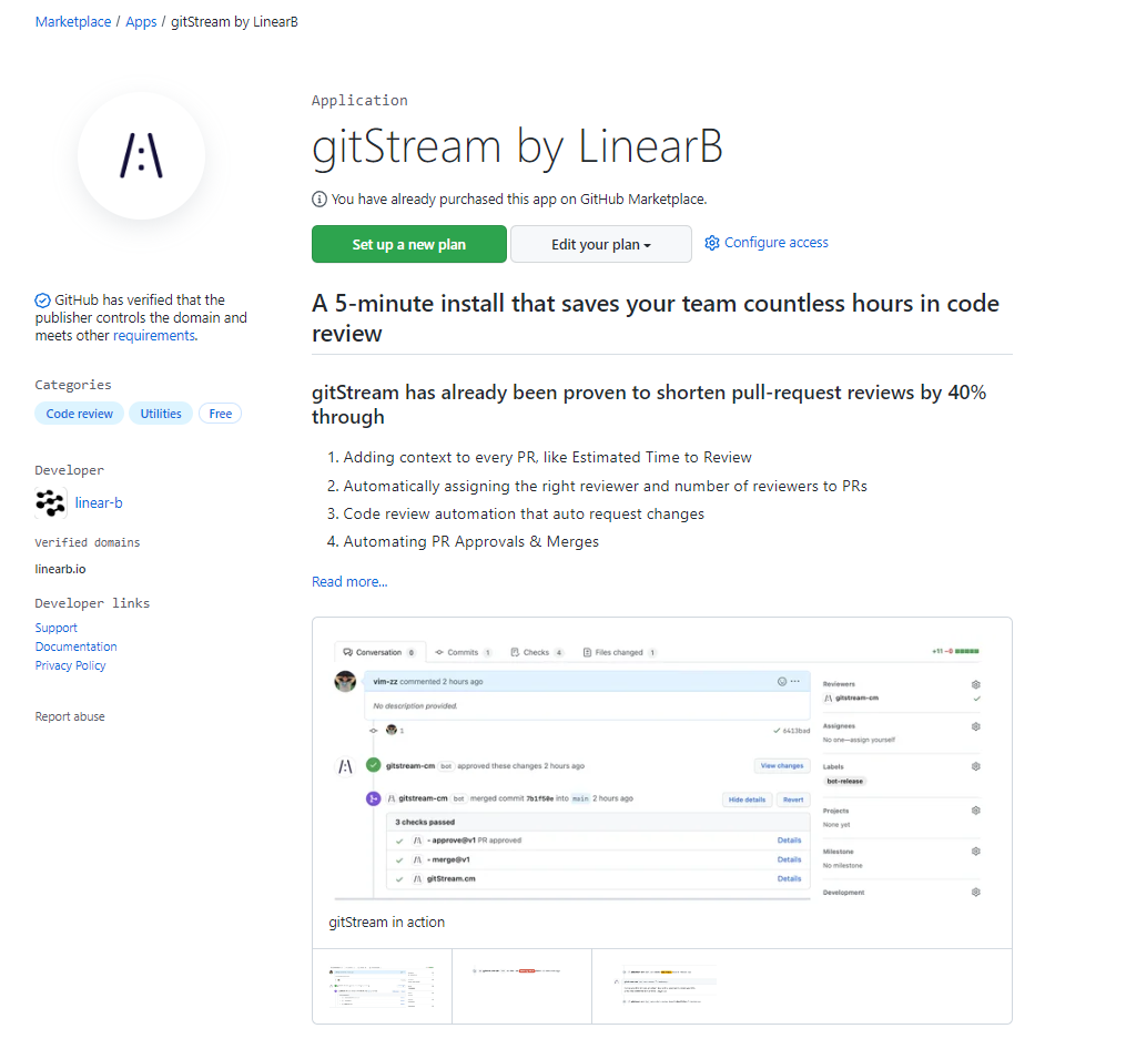 Image of GitHub marketplace with gitStream plugin