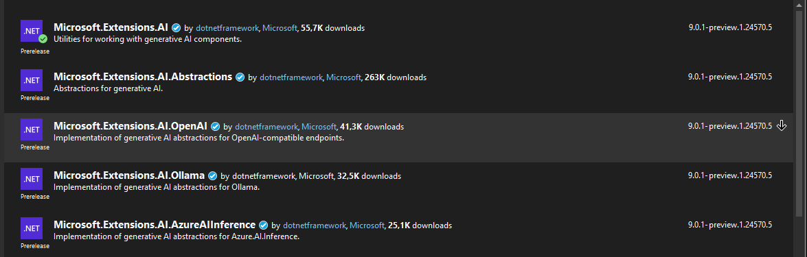 Microsoft.Extensions.AI has only few NuGet packages currently. It supports OpenAI, Ollama and AzureAIInference